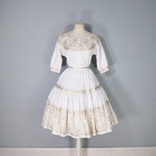 Load image into Gallery viewer, 50s WHITE AND METALLIC GOLD / SILVER LACE PATIO SKIRT AND BLOUSE DRESS SET - XS-S