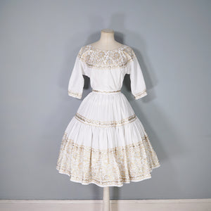 50s WHITE AND METALLIC GOLD / SILVER LACE PATIO SKIRT AND BLOUSE DRESS SET - XS-S