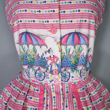 Load image into Gallery viewer, 50s NOVELTY PRINT PINK FLOWER VENDORS FULL SKIRTED DRESS - S