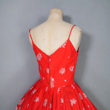Load image into Gallery viewer, 60s "ALU LOLE" BRIGHT RED WHITE AND GOLD FLORAL HAWAIIAN FULL SKIRTED SUN DRESS - S