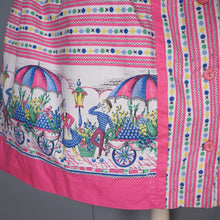 Load image into Gallery viewer, 50s NOVELTY PRINT PINK FLOWER VENDORS FULL SKIRTED DRESS - S