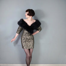 Load image into Gallery viewer, 80s ANTONY PRICE BLACK GOLD BROCADE DRESS WITH MARIBOU FEATHER COLLAR - XS
