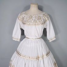 Load image into Gallery viewer, 50s WHITE AND METALLIC GOLD / SILVER LACE PATIO SKIRT AND BLOUSE DRESS SET - XS-S