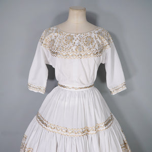 50s WHITE AND METALLIC GOLD / SILVER LACE PATIO SKIRT AND BLOUSE DRESS SET - XS-S