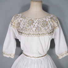 Load image into Gallery viewer, 50s WHITE AND METALLIC GOLD / SILVER LACE PATIO SKIRT AND BLOUSE DRESS SET - XS-S