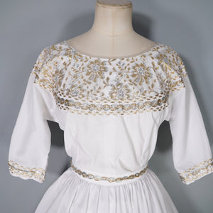 50s WHITE AND METALLIC GOLD / SILVER LACE PATIO SKIRT AND BLOUSE DRESS SET - XS-S