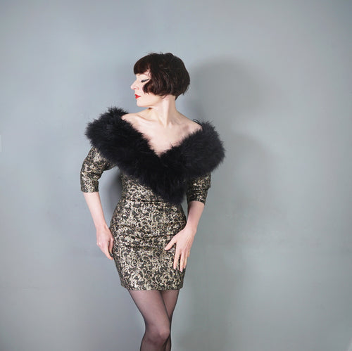 80s ANTONY PRICE BLACK GOLD BROCADE DRESS WITH MARIBOU FEATHER COLLAR - XS