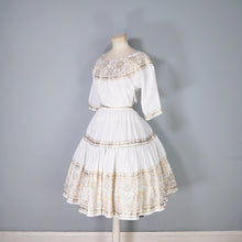 Load image into Gallery viewer, 50s WHITE AND METALLIC GOLD / SILVER LACE PATIO SKIRT AND BLOUSE DRESS SET - XS-S