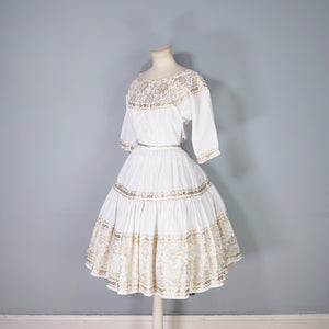 50s WHITE AND METALLIC GOLD / SILVER LACE PATIO SKIRT AND BLOUSE DRESS SET - XS-S