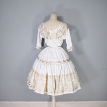 Load image into Gallery viewer, 50s WHITE AND METALLIC GOLD / SILVER LACE PATIO SKIRT AND BLOUSE DRESS SET - XS-S