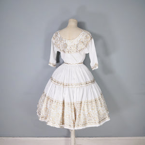 50s WHITE AND METALLIC GOLD / SILVER LACE PATIO SKIRT AND BLOUSE DRESS SET - XS-S