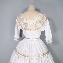 Load image into Gallery viewer, 50s WHITE AND METALLIC GOLD / SILVER LACE PATIO SKIRT AND BLOUSE DRESS SET - XS-S
