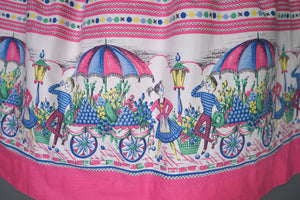 50s NOVELTY PRINT PINK FLOWER VENDORS FULL SKIRTED DRESS - S