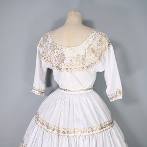 50s WHITE AND METALLIC GOLD / SILVER LACE PATIO SKIRT AND BLOUSE DRESS SET - XS-S