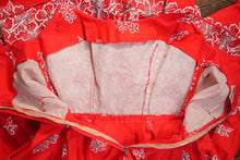 Load image into Gallery viewer, 60s "ALU LOLE" BRIGHT RED WHITE AND GOLD FLORAL HAWAIIAN FULL SKIRTED SUN DRESS - S