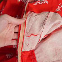 Load image into Gallery viewer, 60s "ALU LOLE" BRIGHT RED WHITE AND GOLD FLORAL HAWAIIAN FULL SKIRTED SUN DRESS - S