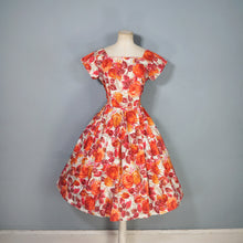 Load image into Gallery viewer, 50s BIG ORANGE ROSE PRINT FULL SKIRT COTTON DRESS - S-M