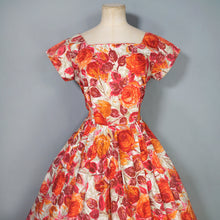 Load image into Gallery viewer, 50s BIG ORANGE ROSE PRINT FULL SKIRT COTTON DRESS - S-M