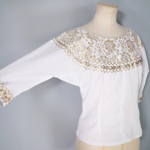 50s WHITE AND METALLIC GOLD / SILVER LACE PATIO SKIRT AND BLOUSE DRESS SET - XS-S