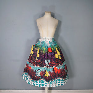 50s GOR-RAY COLOURFUL BUTTERFLY BORDR PRINT FULL COTTON SKIRT WITH BELT - 25"