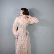 Load image into Gallery viewer, 50s HOWARD LINGERIE SHEER PINK MESH RUCHED BOUDOIR ROBE DRESS - M