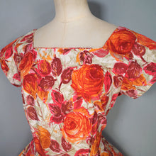 Load image into Gallery viewer, 50s BIG ORANGE ROSE PRINT FULL SKIRT COTTON DRESS - S-M