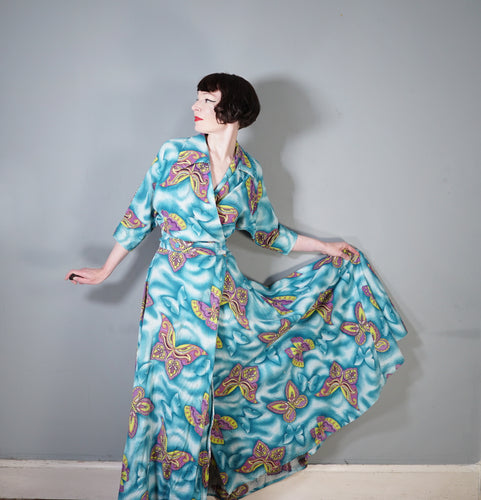 40s SEERSUCKER COTTON TURQUOISE BUTTERFLY PRINT WRAP ROBE DRESS - M