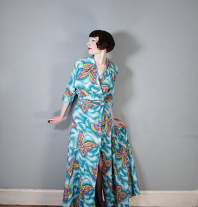 40s SEERSUCKER COTTON TURQUOISE BUTTERFLY PRINT WRAP ROBE DRESS - M