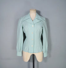 Load image into Gallery viewer, 70s does 40s FITTED PUFF SLEEVE SEA GREEN BLOUSE WITH HUGE COLLAR - XS-S
