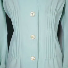 Load image into Gallery viewer, 70s does 40s FITTED PUFF SLEEVE SEA GREEN BLOUSE WITH HUGE COLLAR - XS-S