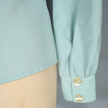 Load image into Gallery viewer, 70s does 40s FITTED PUFF SLEEVE SEA GREEN BLOUSE WITH HUGE COLLAR - XS-S