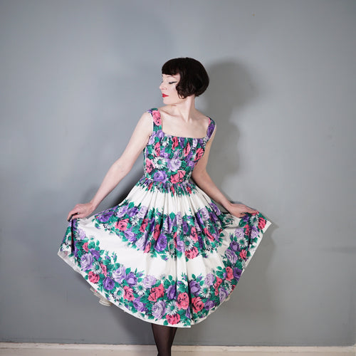 50s VICTOR JOSSELYN PURPLE AND PINK ROSE FLORAL DRESS - XS-S