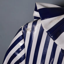 Load image into Gallery viewer, 60s LA FLAQUE DE PARIS BLUE WHITE STRIPED RAINCOAT WITH CIRCUS RUFFLE NECK AND CUFFS - S-M