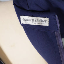 Load image into Gallery viewer, 50s 60s COUNTRY CLOTHES NAVY BLUE AND WHITE GRID PRINT FULL SKIRT WOOL DRESS - S