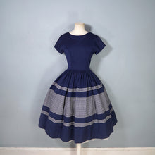 Load image into Gallery viewer, 50s 60s COUNTRY CLOTHES NAVY BLUE AND WHITE GRID PRINT FULL SKIRT WOOL DRESS - S