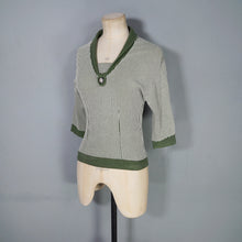 Load image into Gallery viewer, 60s BELLMANS KNITWEAR GREEN AND WHITE STRIPED FITTED JUMPER TOP - XS
