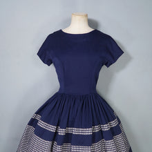 Load image into Gallery viewer, 50s 60s COUNTRY CLOTHES NAVY BLUE AND WHITE GRID PRINT FULL SKIRT WOOL DRESS - S