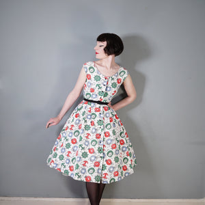 50s WAFFLE COTTON NAUTICAL ANCHOR LANTERN AND COMPASS NOVELTY PRINT DRESS - S