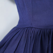 Load image into Gallery viewer, 50s 60s COUNTRY CLOTHES NAVY BLUE AND WHITE GRID PRINT FULL SKIRT WOOL DRESS - S