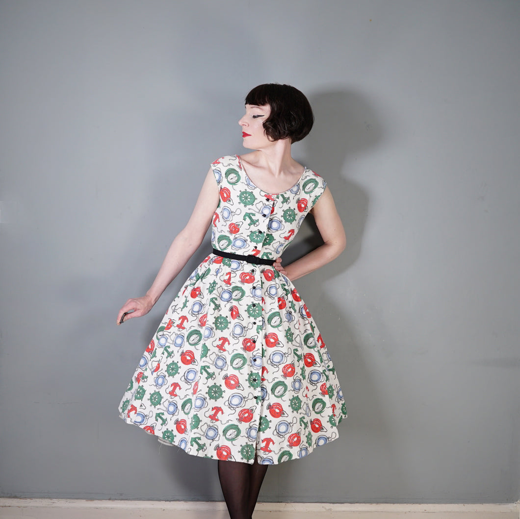 50s WAFFLE COTTON NAUTICAL ANCHOR LANTERN AND COMPASS NOVELTY PRINT DRESS - S