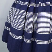 Load image into Gallery viewer, 50s 60s COUNTRY CLOTHES NAVY BLUE AND WHITE GRID PRINT FULL SKIRT WOOL DRESS - S