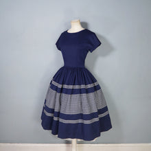 Load image into Gallery viewer, 50s 60s COUNTRY CLOTHES NAVY BLUE AND WHITE GRID PRINT FULL SKIRT WOOL DRESS - S