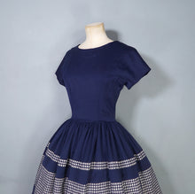 Load image into Gallery viewer, 50s 60s COUNTRY CLOTHES NAVY BLUE AND WHITE GRID PRINT FULL SKIRT WOOL DRESS - S