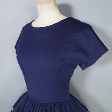 Load image into Gallery viewer, 50s 60s COUNTRY CLOTHES NAVY BLUE AND WHITE GRID PRINT FULL SKIRT WOOL DRESS - S
