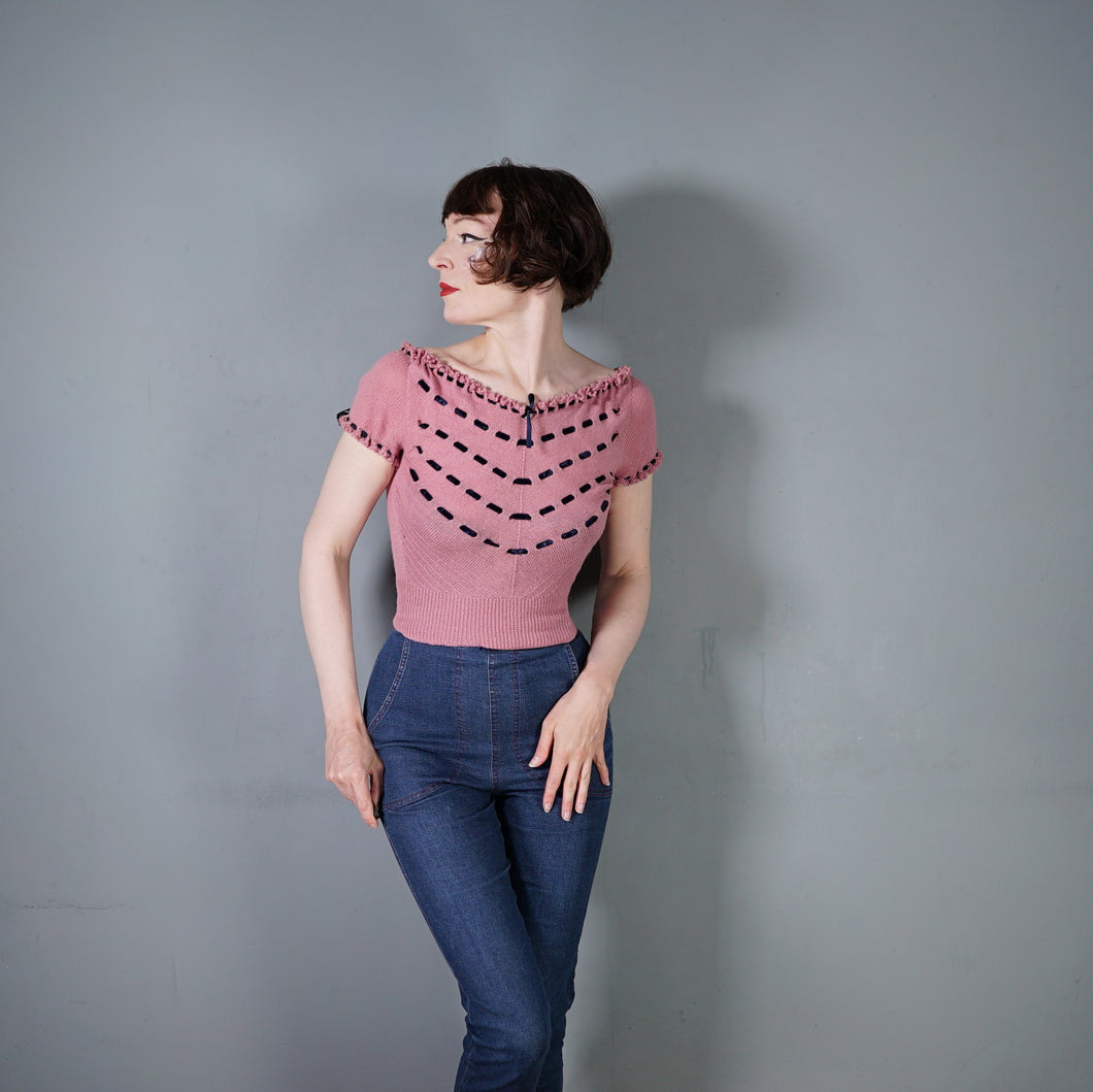 50s HANDKNITTED DUSKY PINK JUMPER WITH VELVET RIBBONS - XS