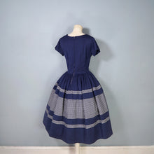 Load image into Gallery viewer, 50s 60s COUNTRY CLOTHES NAVY BLUE AND WHITE GRID PRINT FULL SKIRT WOOL DRESS - S
