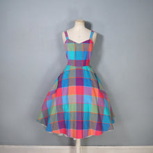 Load image into Gallery viewer, 80s DOES 50s COLOURFUL PLAID CHECK STRAPPY FULL SKIRTED DRESS - S