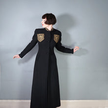 Load image into Gallery viewer, 30s 40s LONG BLACK WOOL COAT WITH GOLD MILITARY STYLE POCKETS AND COLLAR - S-M