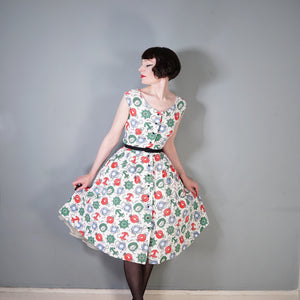 50s WAFFLE COTTON NAUTICAL ANCHOR LANTERN AND COMPASS NOVELTY PRINT DRESS - S