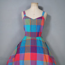 Load image into Gallery viewer, 80s DOES 50s COLOURFUL PLAID CHECK STRAPPY FULL SKIRTED DRESS - S